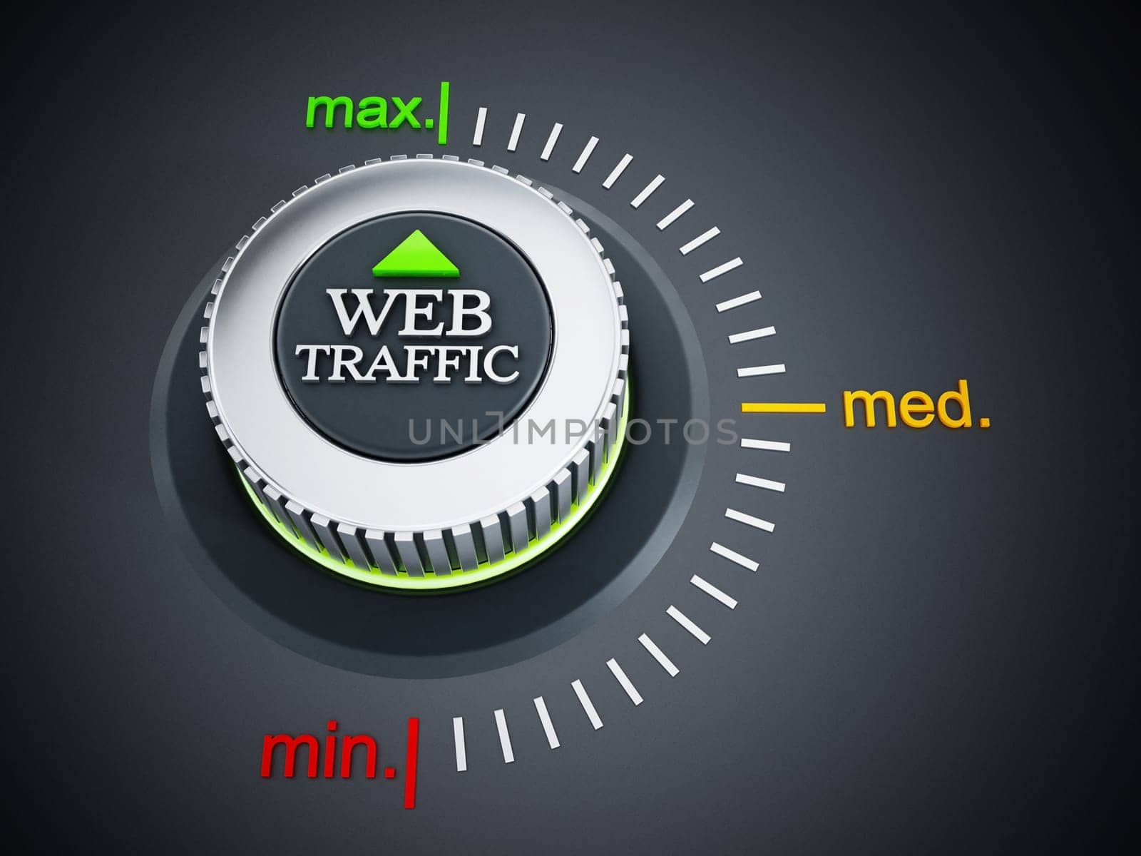 Web traffic button pointing maximum. 3D illustration.