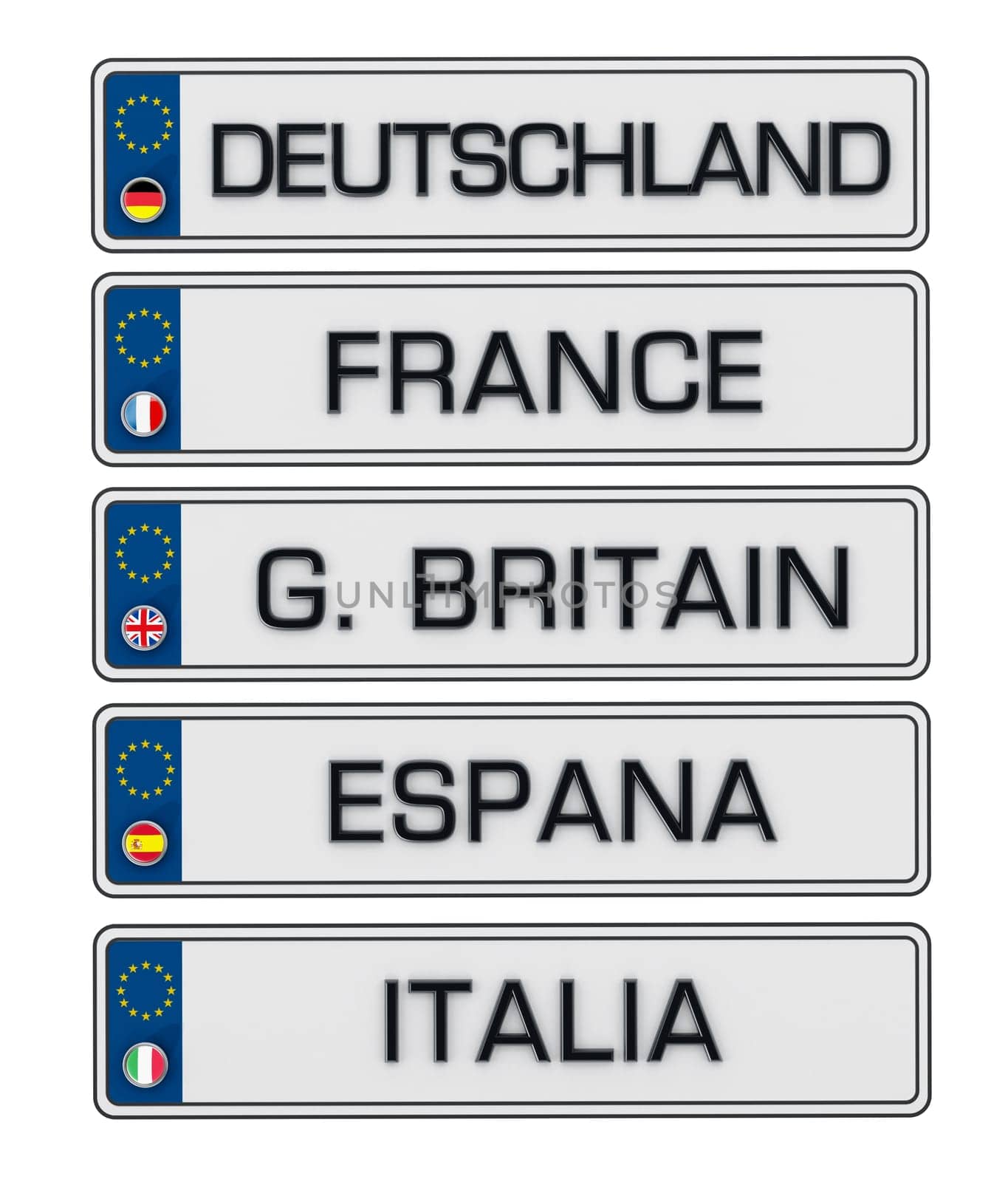 European Union license plates isolated on white background. 3D illustration.