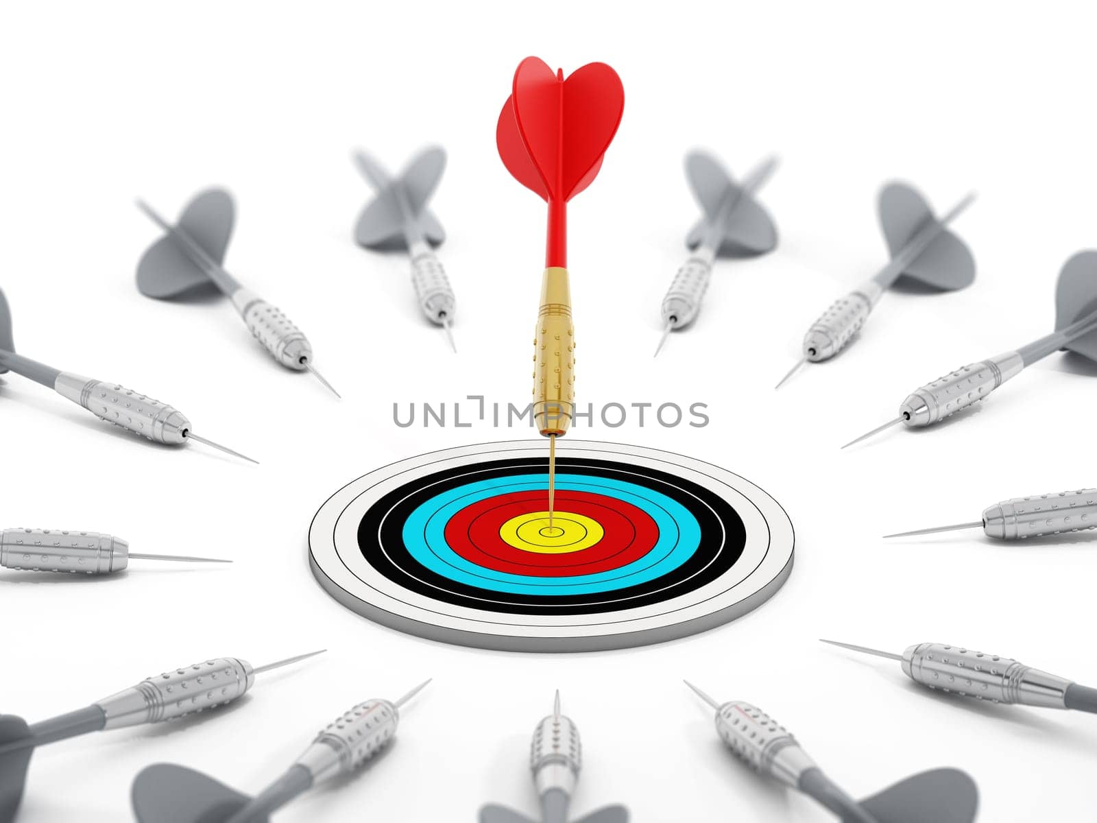 Red dart and target stand out among gray darts. 3D illustration.