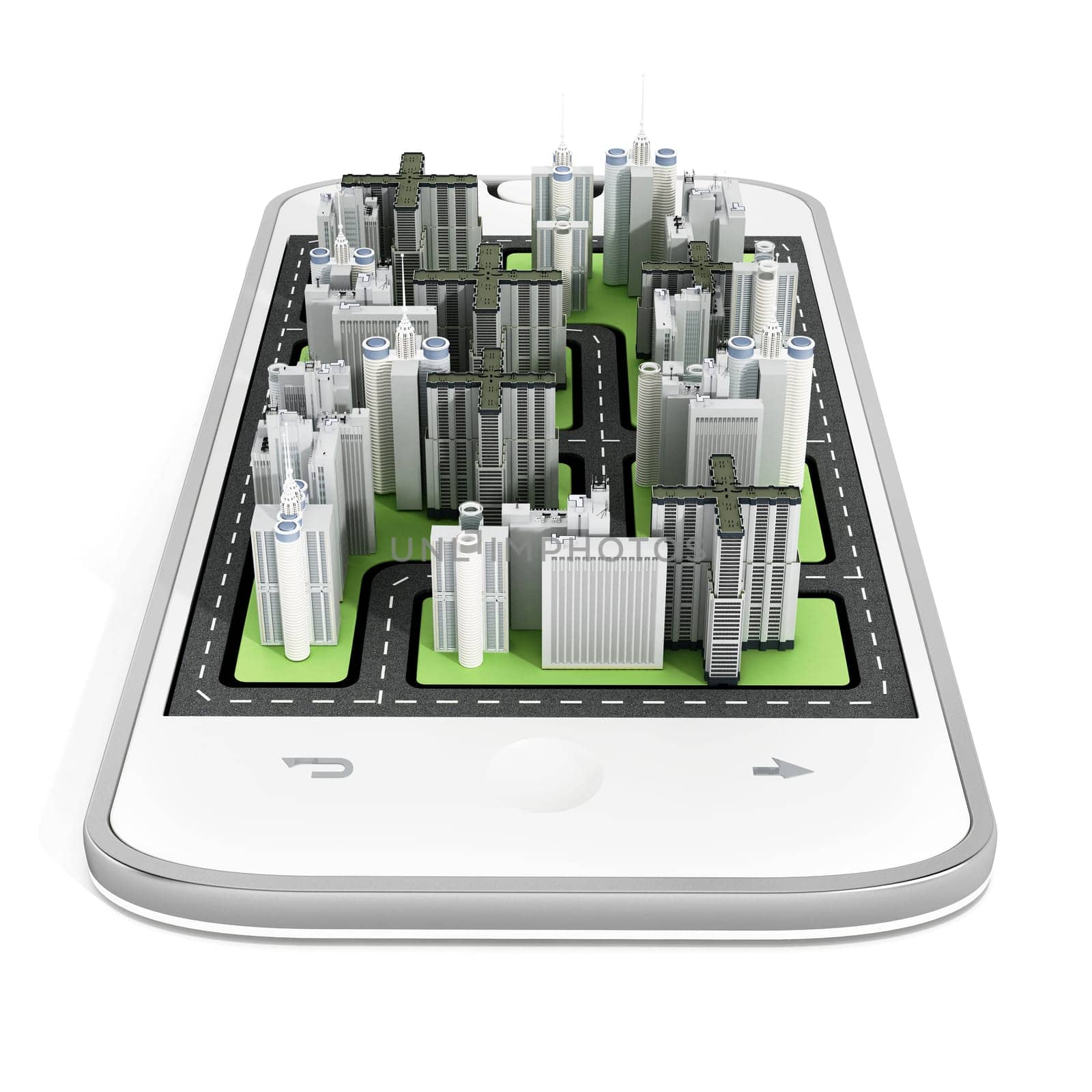 Modern city buildings on the smartphone screen. 3D illustration.
