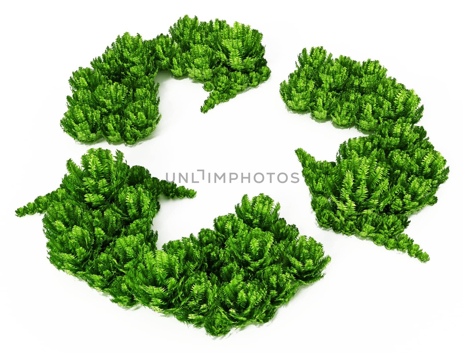 Green bushes forming recycle symbol. 3D illustration.