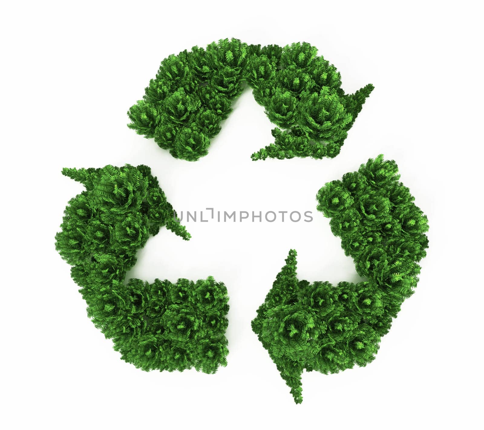 Green bushes forming recycle symbol. 3D illustration.