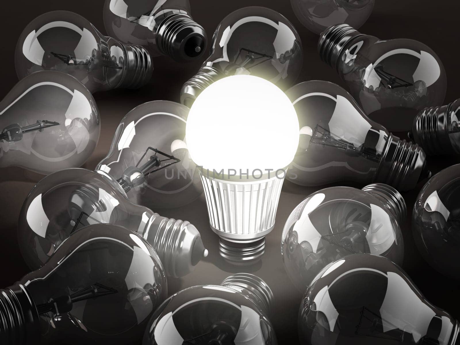 Energy efficient light bulb among standard light bulbs. 3d illustration.