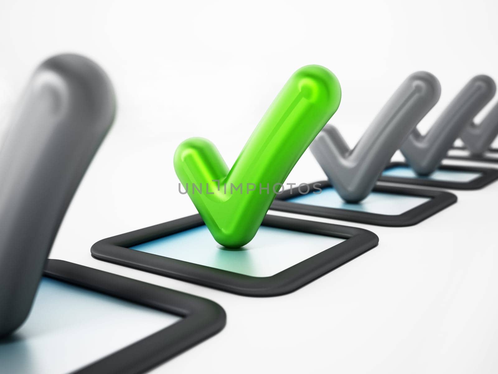 Green check mark symbol among gray signs. 3D illustration.