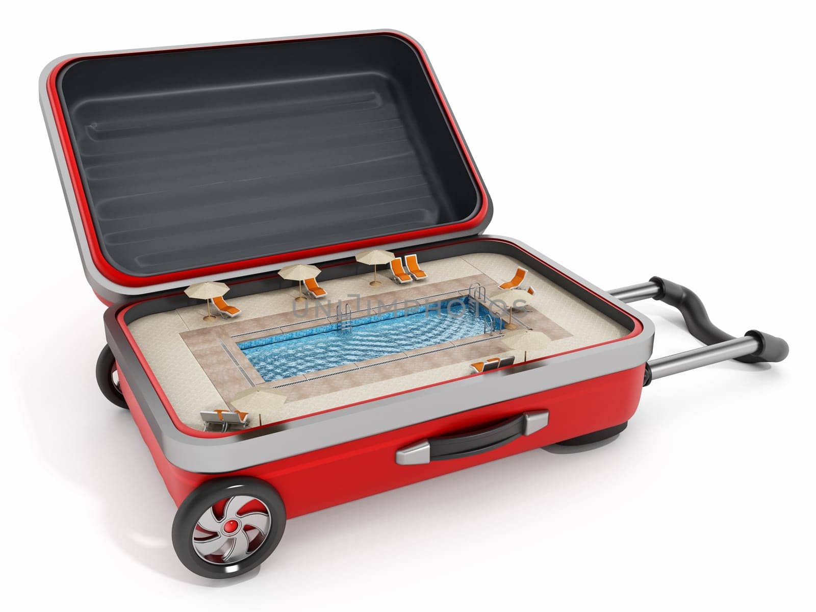 Swimming pool inside open red suitcase. 3D illustration.