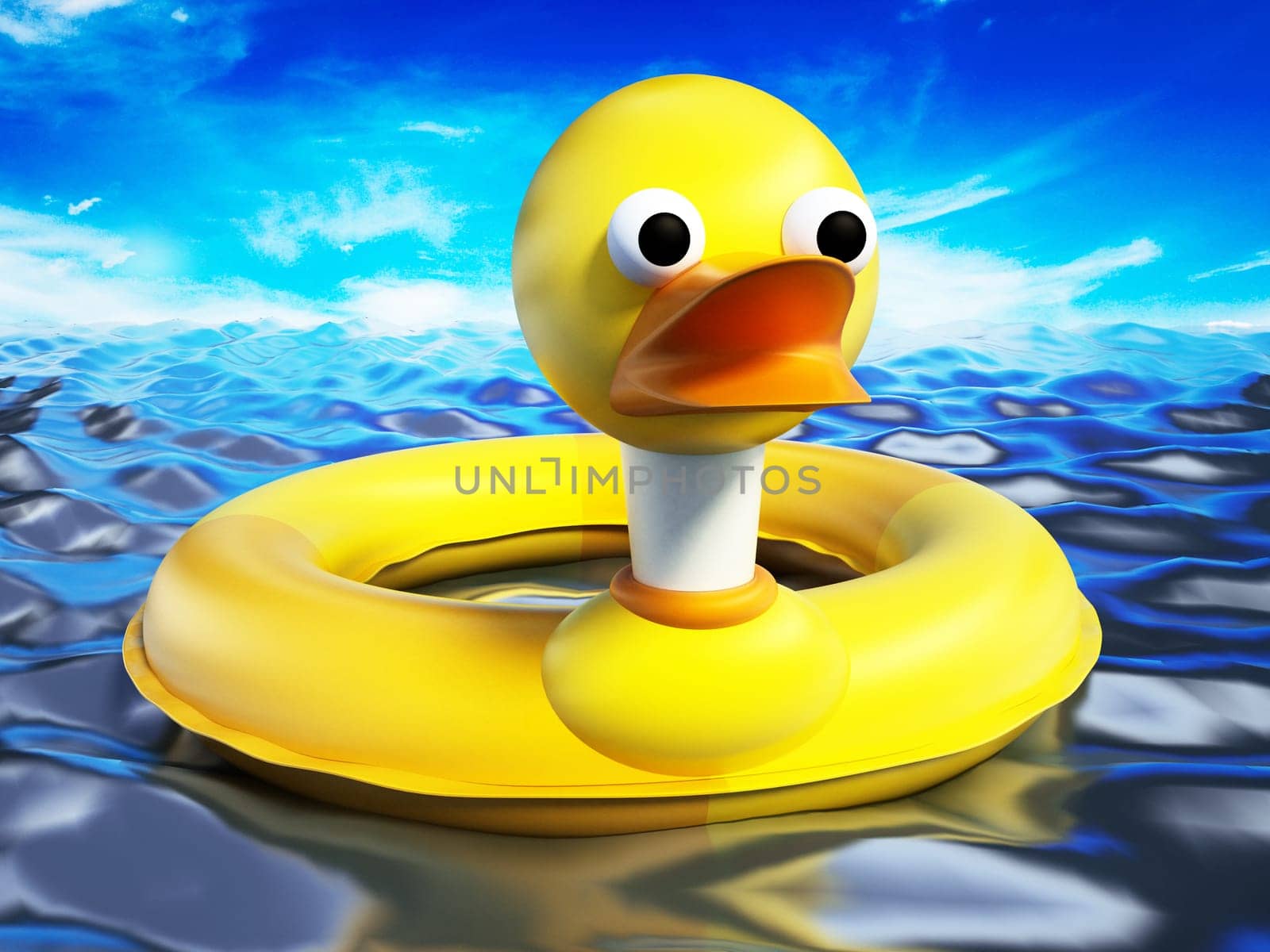 Yellow duck lifebuoy standing on sea surface. 3D illustration.