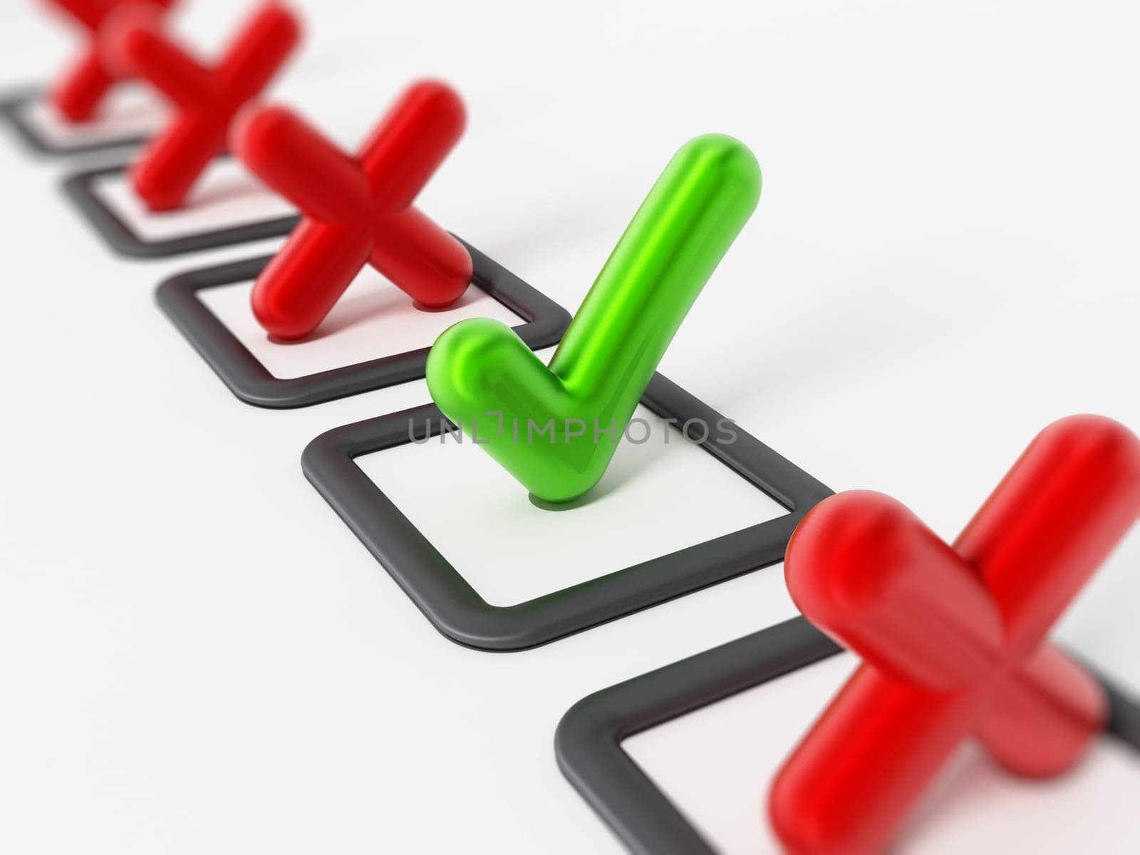 Green tick symbol among red crosses. 3D illustration.
