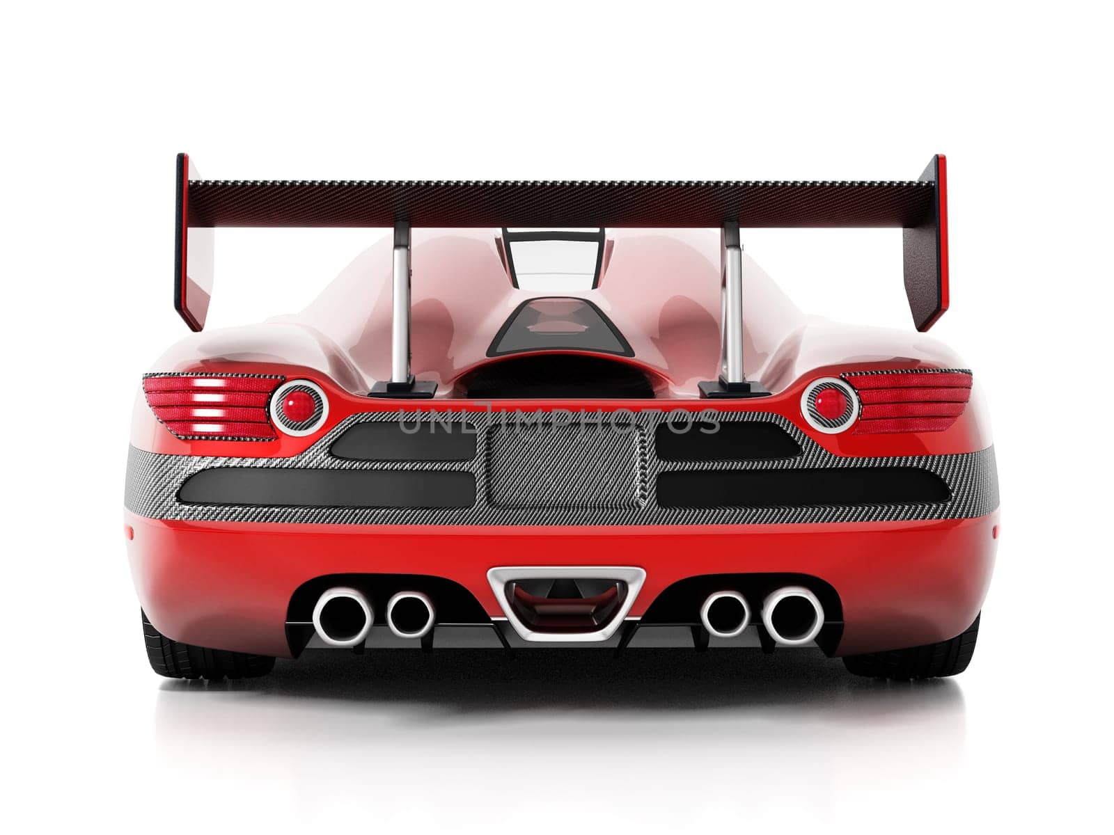 Red race car with carbon fiber spoiler. 3D illustration.