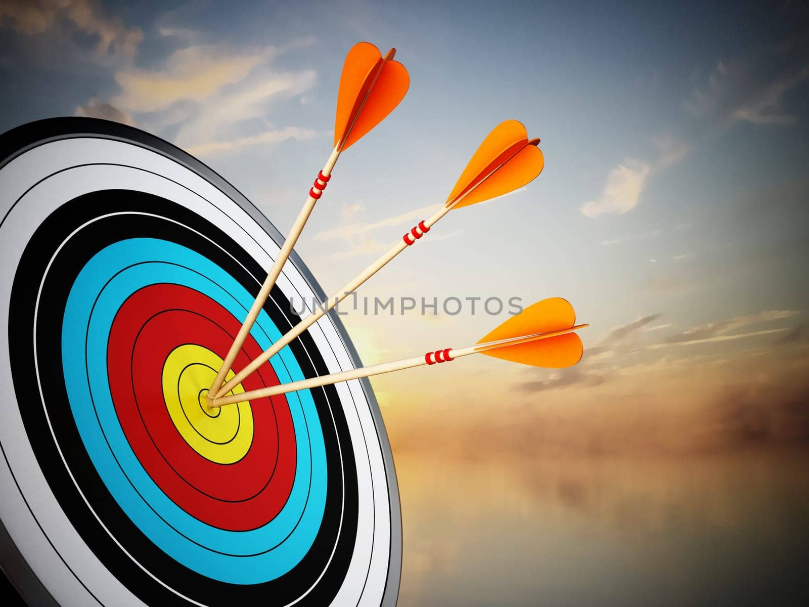 Three arrows hit at the center of the target. 3D illustration.