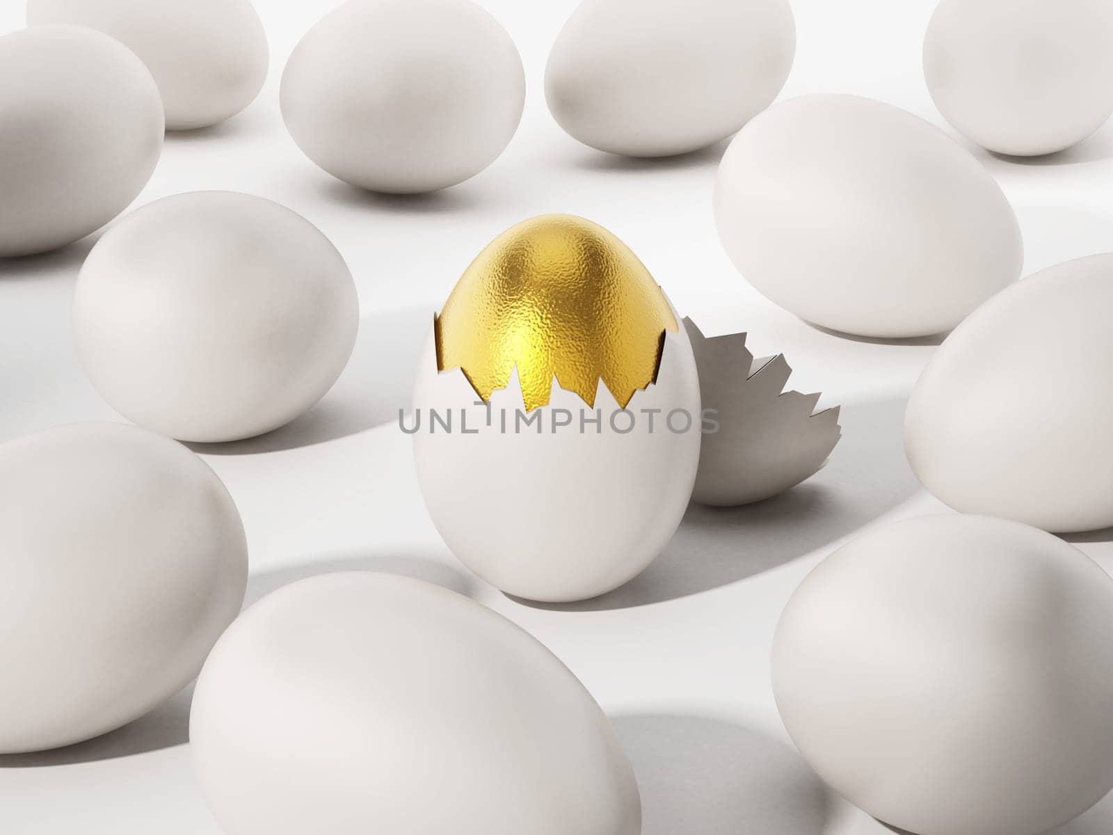 Golden egg among white eggs. 3D illustration.
