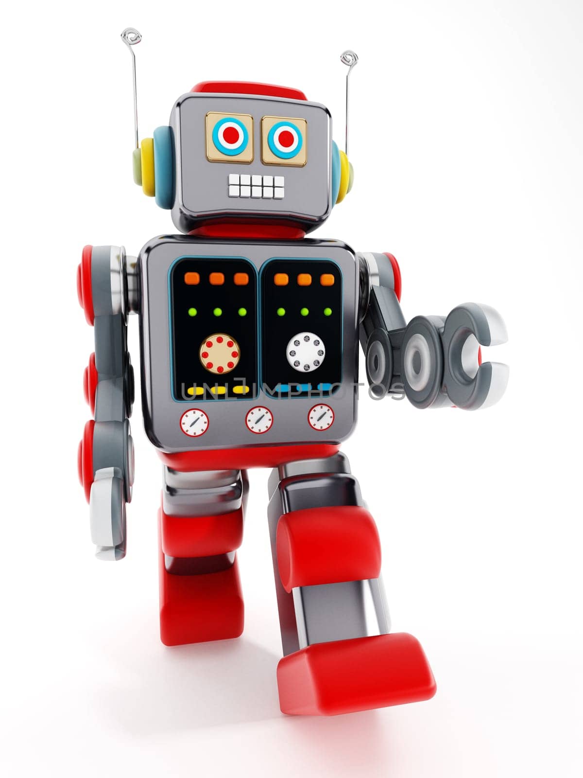 Vintage toy robot isolated on white background. 3D illustration.