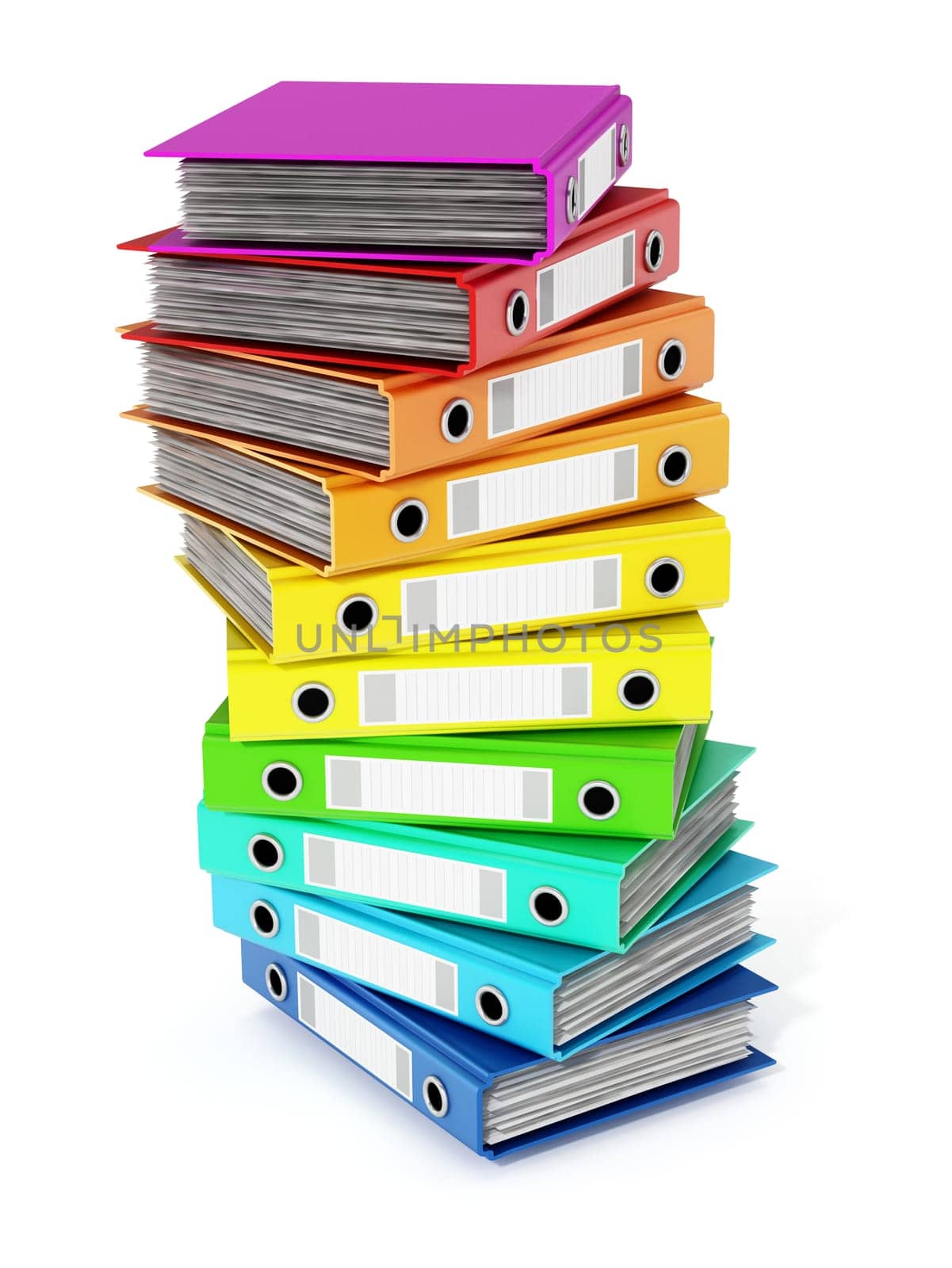 Multi colored folders stack isolated on white background. 3D illustration.