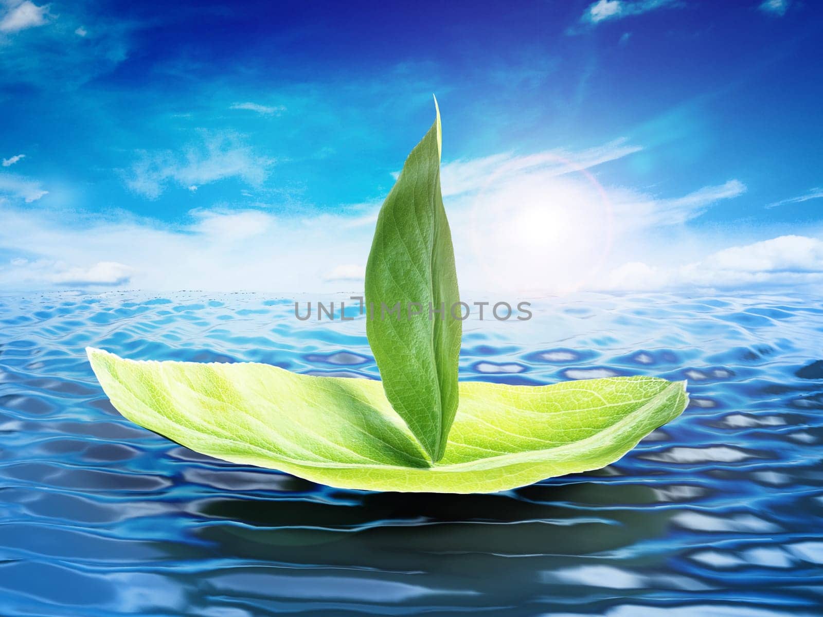 Green leaves forming a ship floating on sea level. 3D illustration.