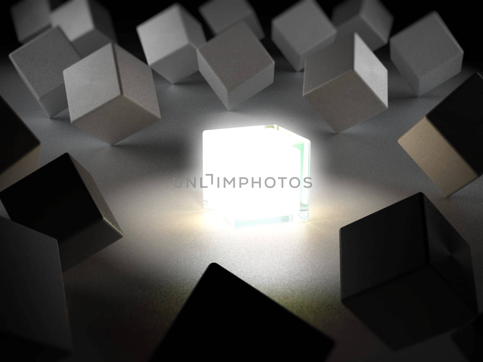 Box emitting light standing out among boxes. 3D illustration.