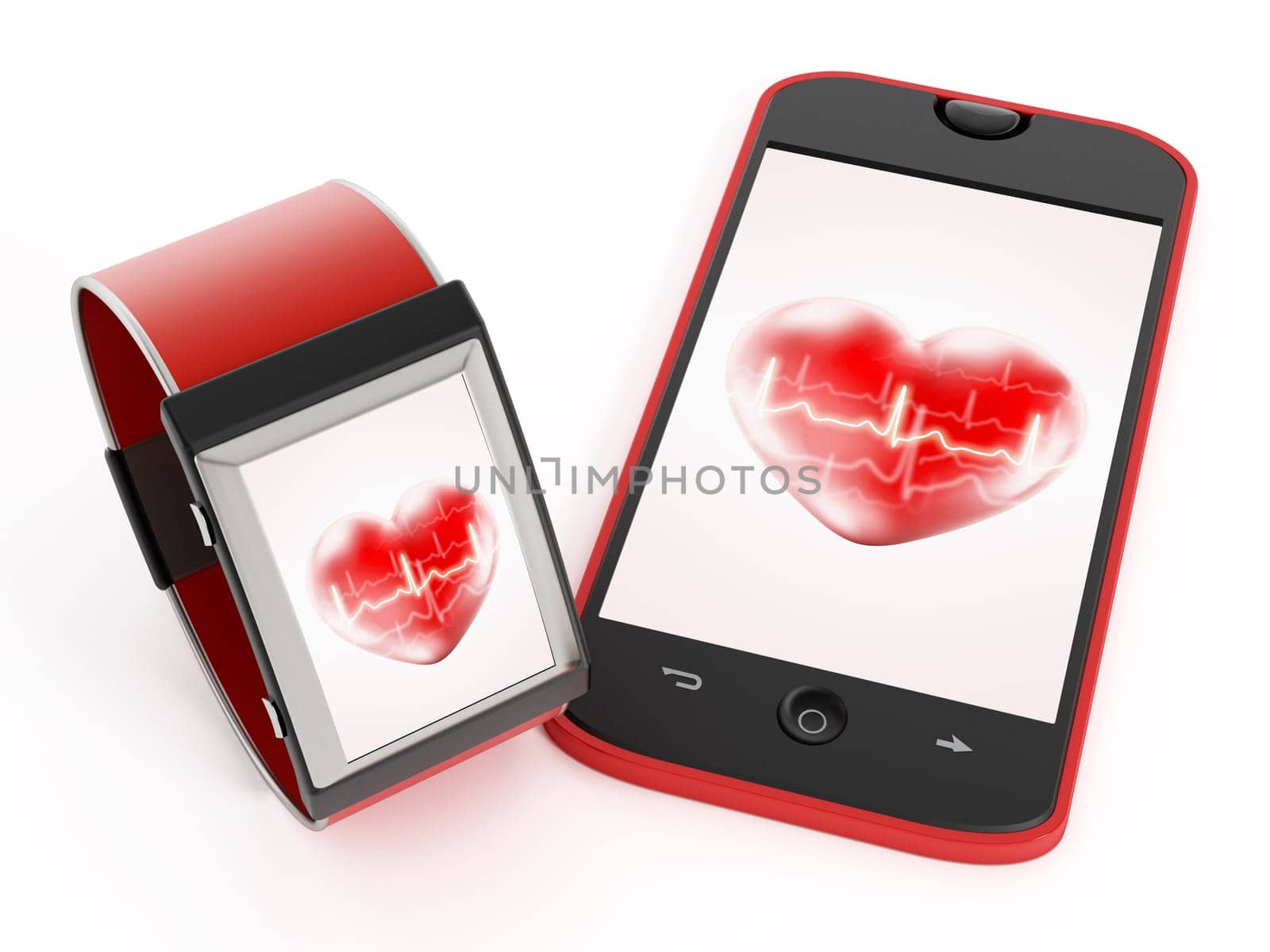 Smartphone and smartwatch with heart icon on the screen. 3D illustration.