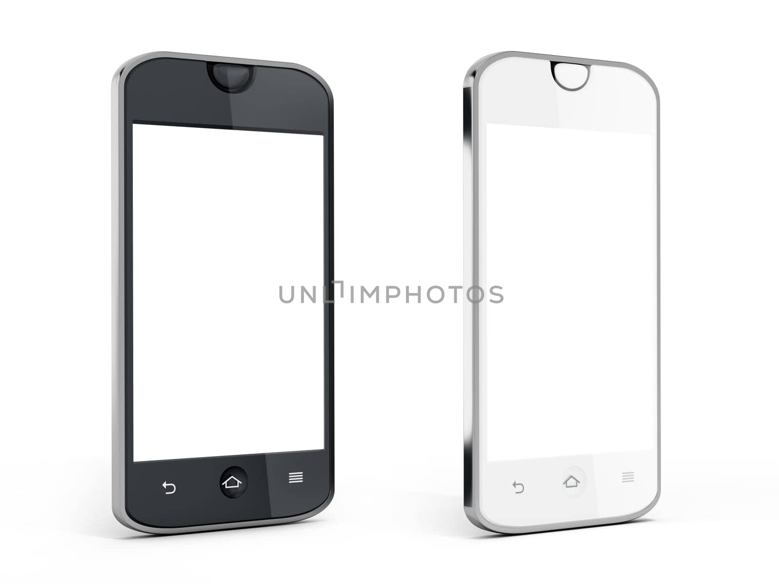 Black and white smartphones with reflection isolated on white background. 3D illustration.