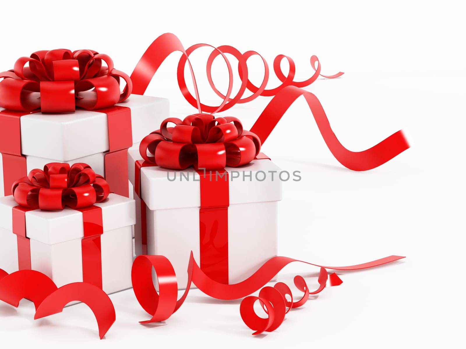 Giftboxes wrapped with red ribbon isolated on white background. 3D illustration.