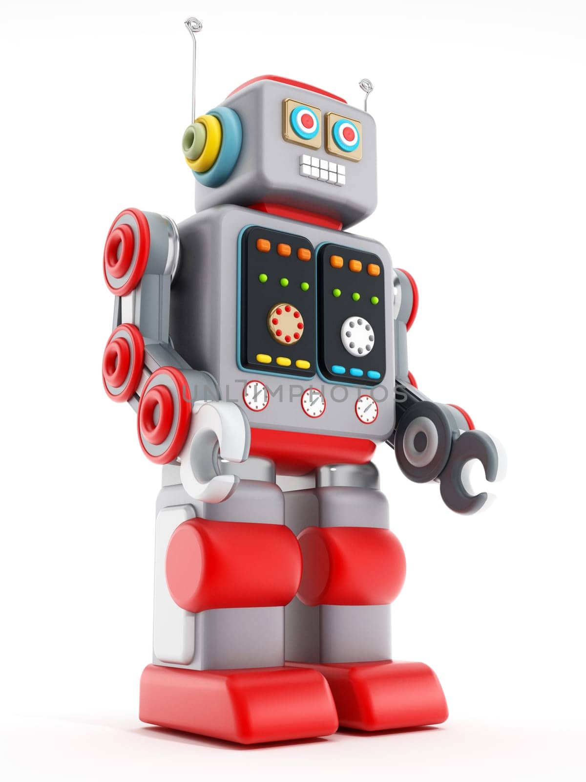 Vintage toy robot isolated on white background. 3D illustration.