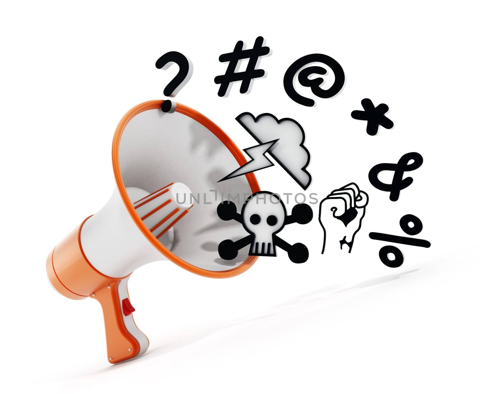 Megaphone with swearing symbols isolated on white background. 3D illustration.