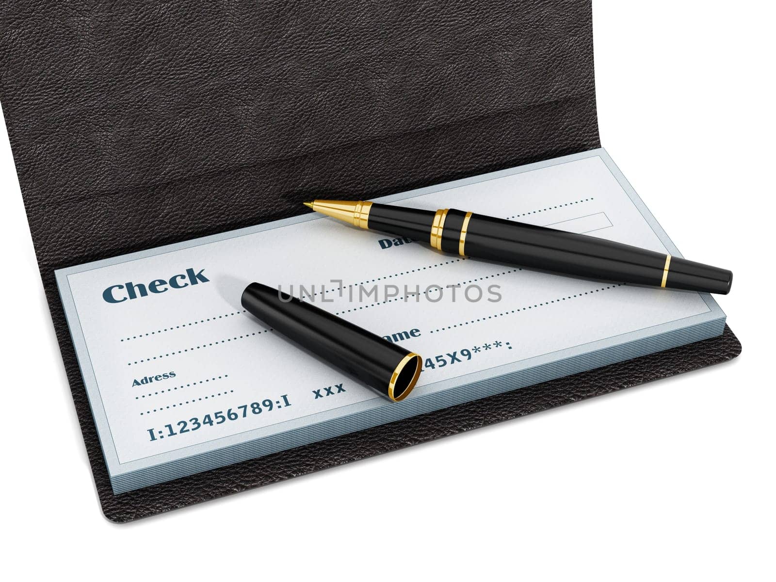 Pen standing on chekbook isolated on white background. 3D illustration.