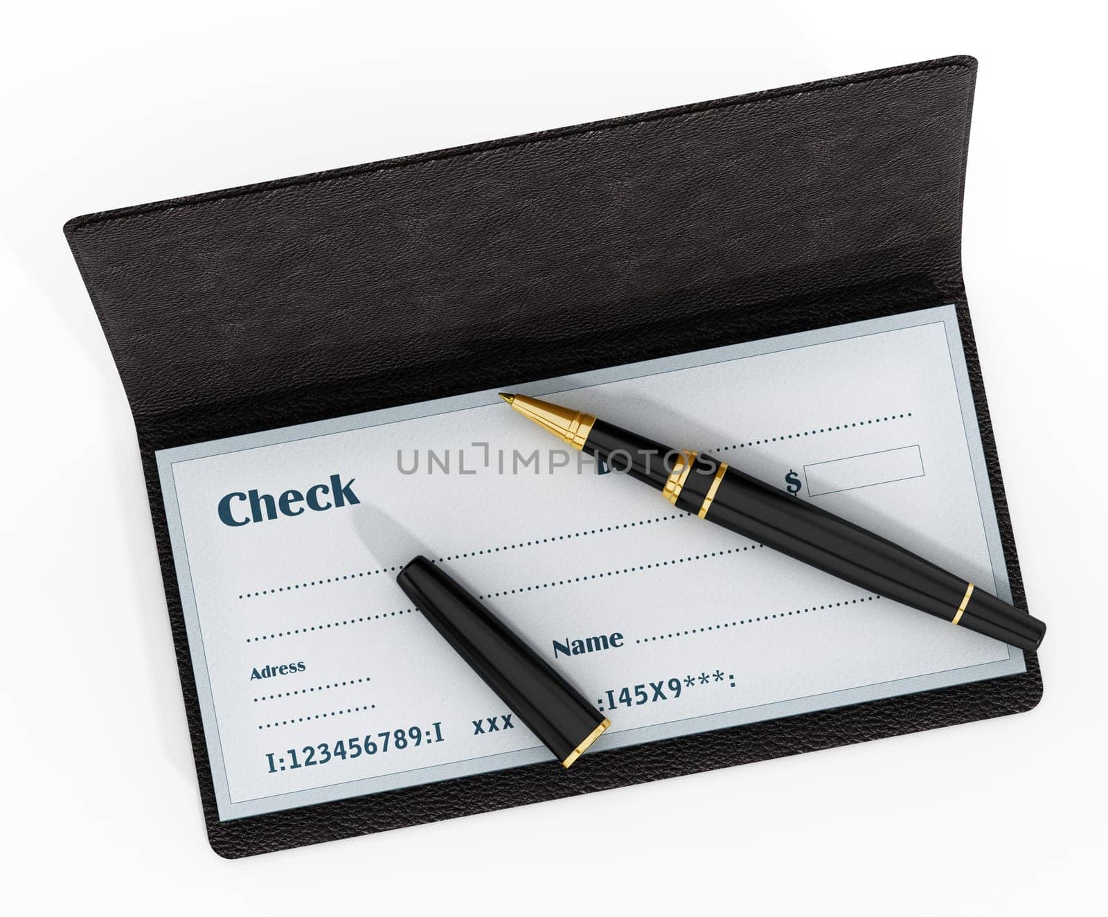 Pen standing on chekbook isolated on white background. 3D illustration.