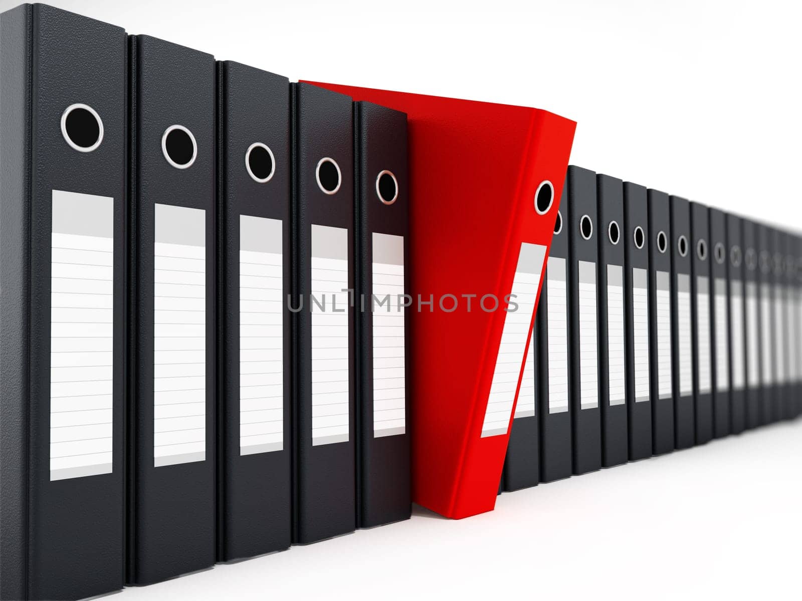 Red folder standing out from black folders. 3D illustration.