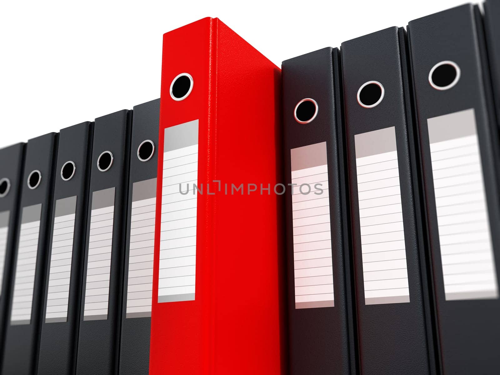 Red folder standing out from black folders. 3D illustration.