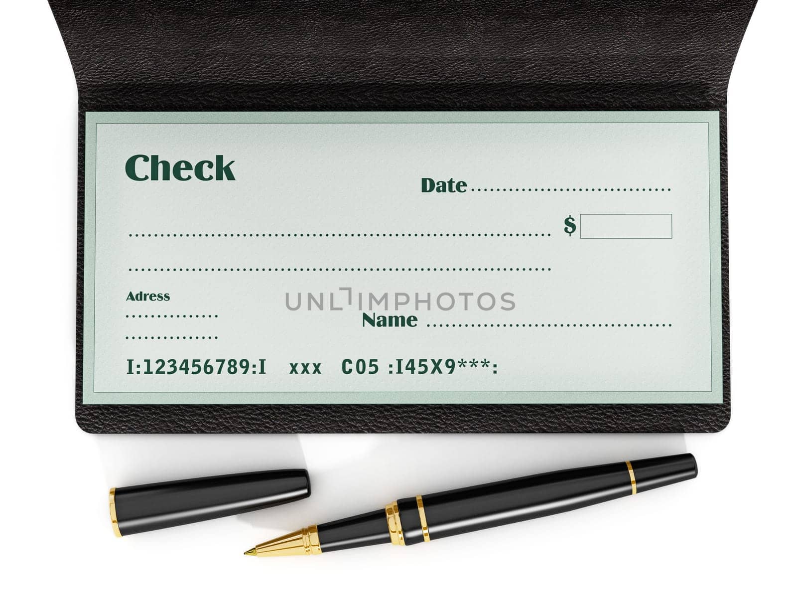 Pen standing on chekbook isolated on white background. 3D illustration.