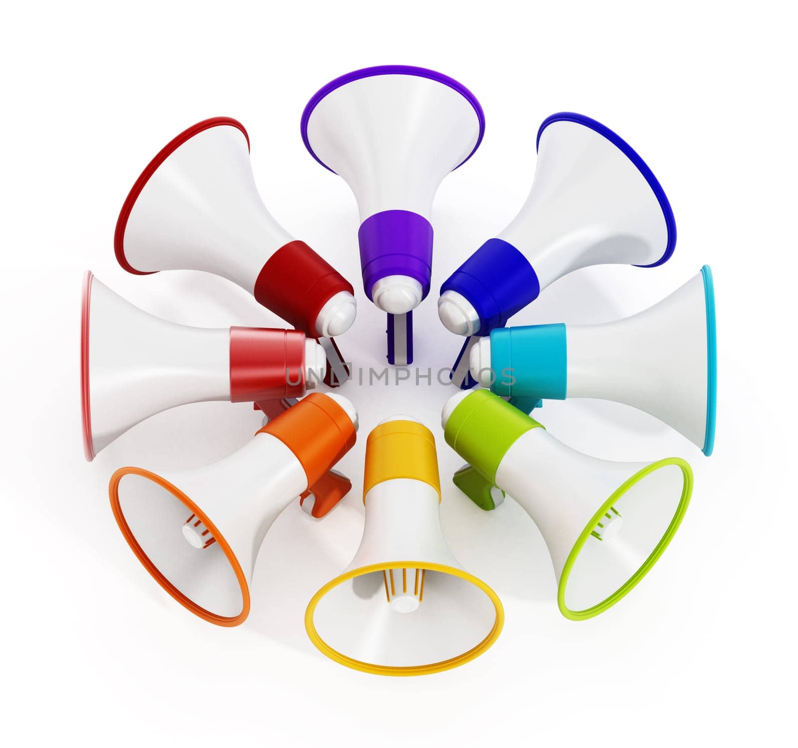 Multi colored megaphones isolated on white background. 3D illustration.