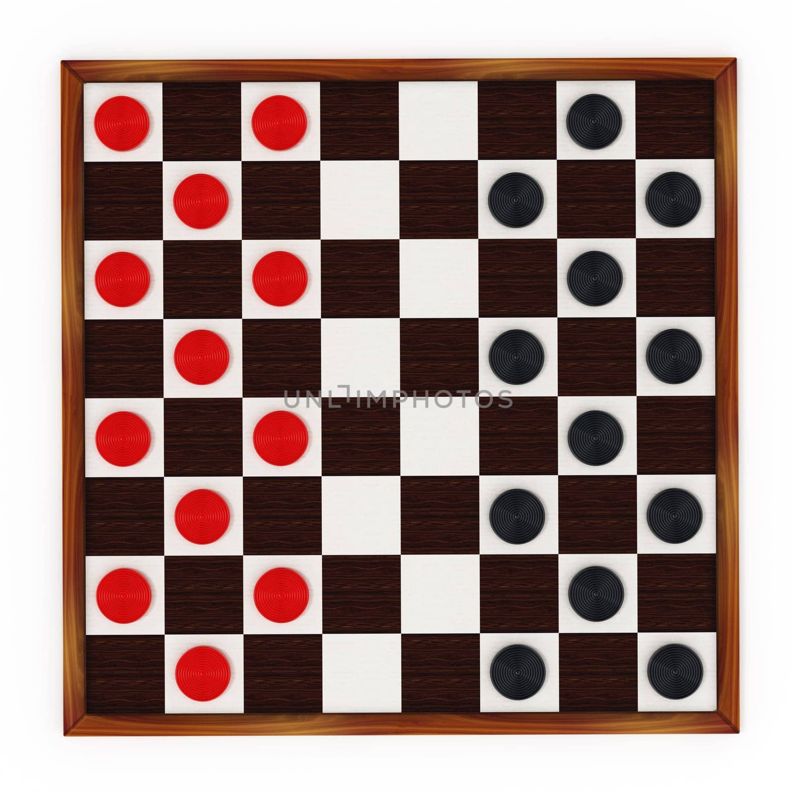 Checkers game board and pieces. 3D illustration.