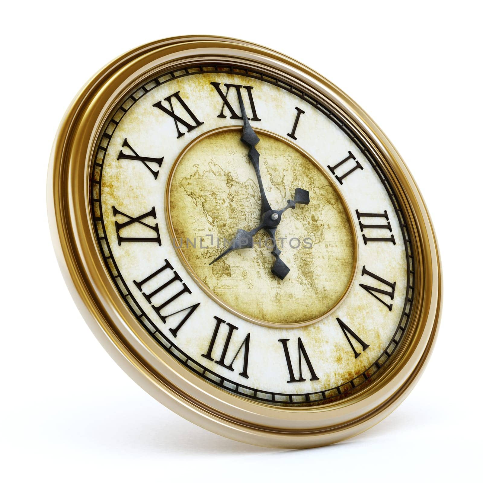 Antique clock isolated on white background. 3D illustration.