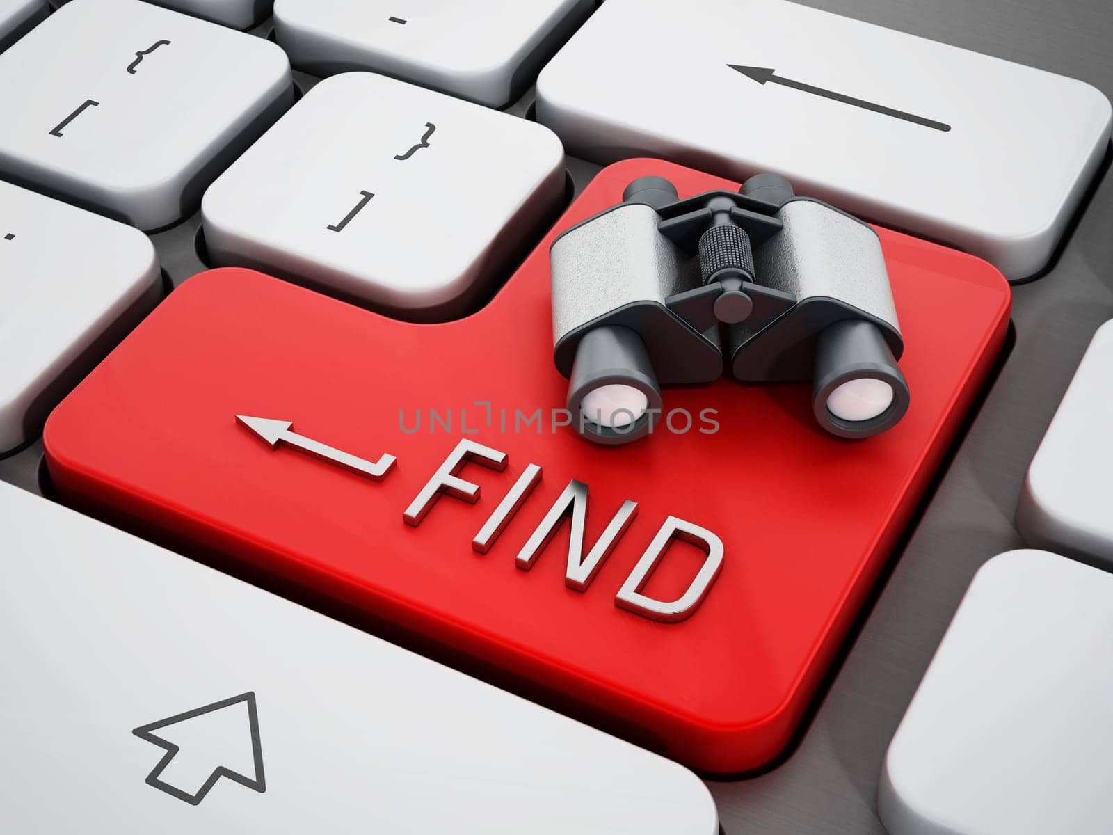 Binoculars standing on F key of a keyboard. 3D illustration.