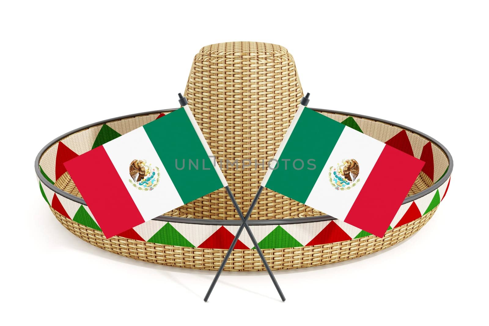 Mexican hat or sombrero and Mexican flags isolated on white background. 3D illustration.