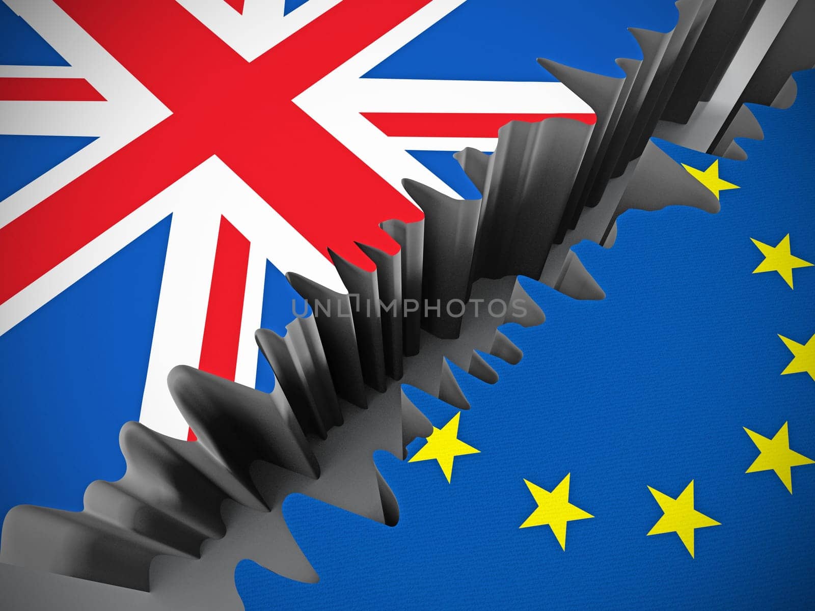 British and European Union flags separated by crack.