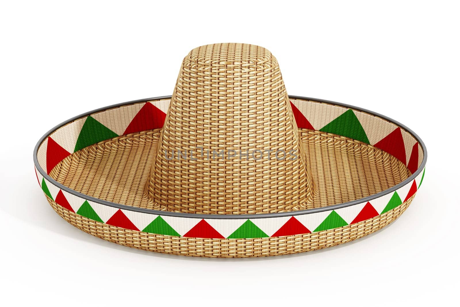 Mexican hat or sombrero and Mexican flags isolated on white background. 3D illustration.