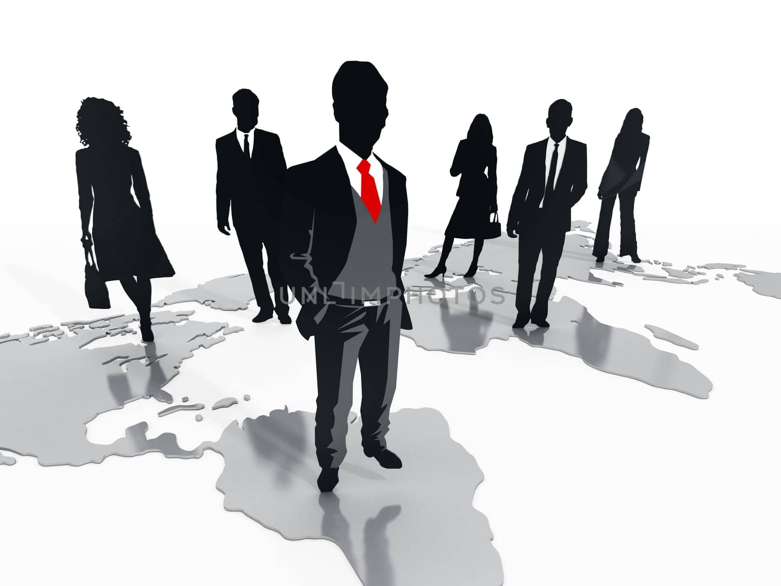 Business professionals standing on world map. 3D illustration.
