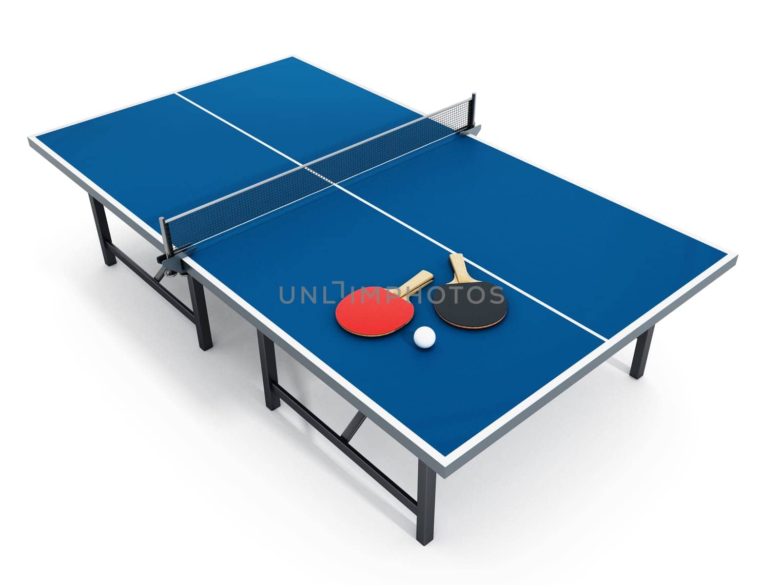 Ping pong table, rackets and ball. 3D illustration