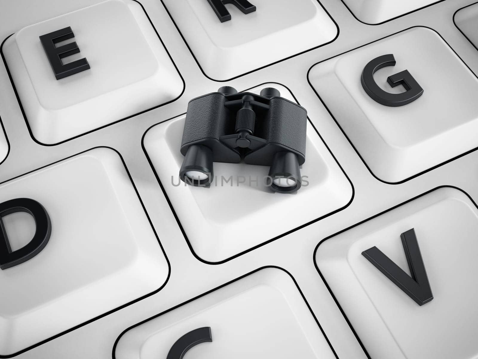 Binoculars standing on F key of a keyboard. 3D illustration.