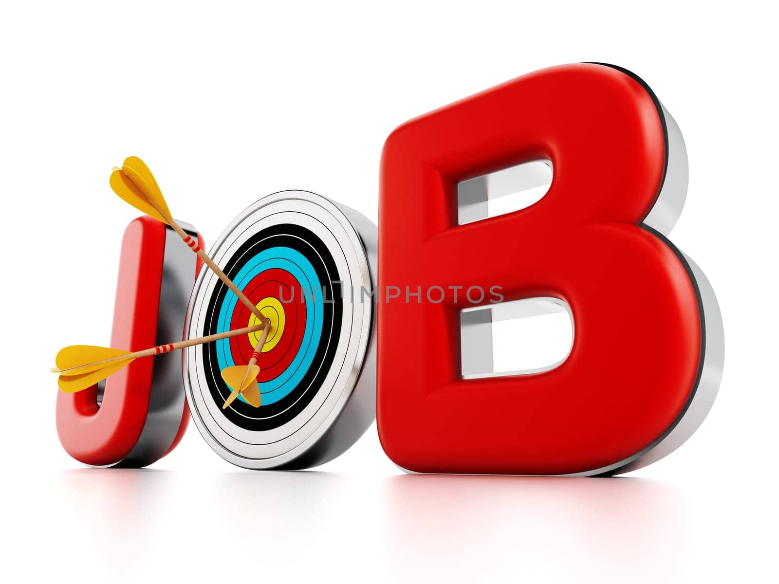 Target with an arrow standing between J and B letters. 3D illustration.