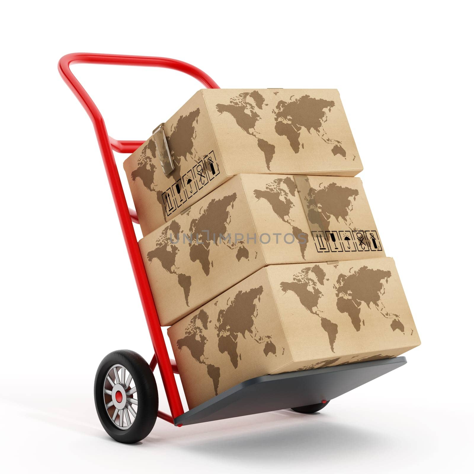 Cardboard boxes with earth shape on truck hand trolley. 3D illustration.