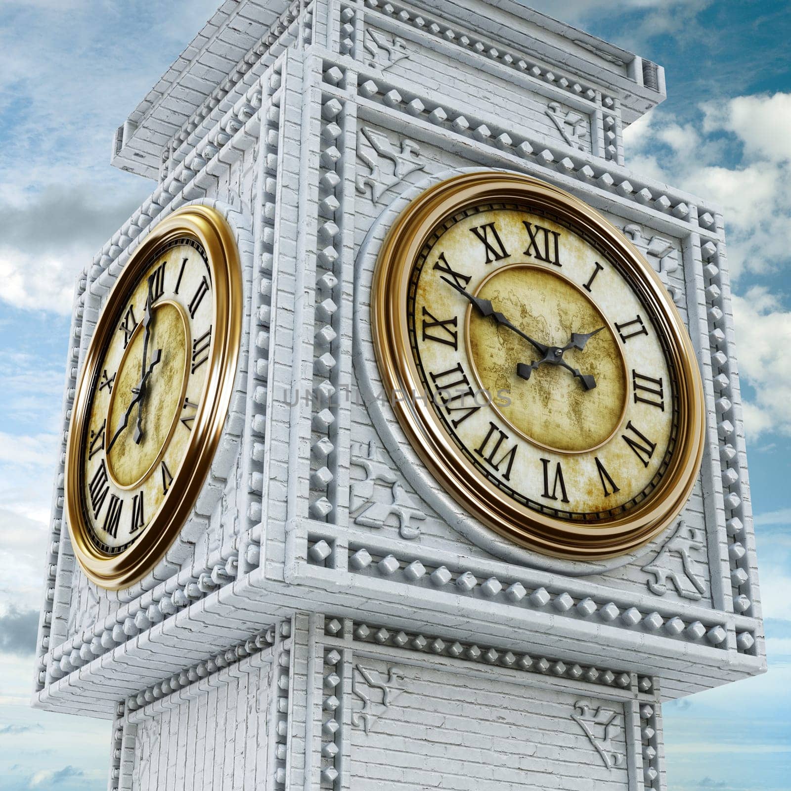 Gold and stone antique clock tower background. 3D illustration.