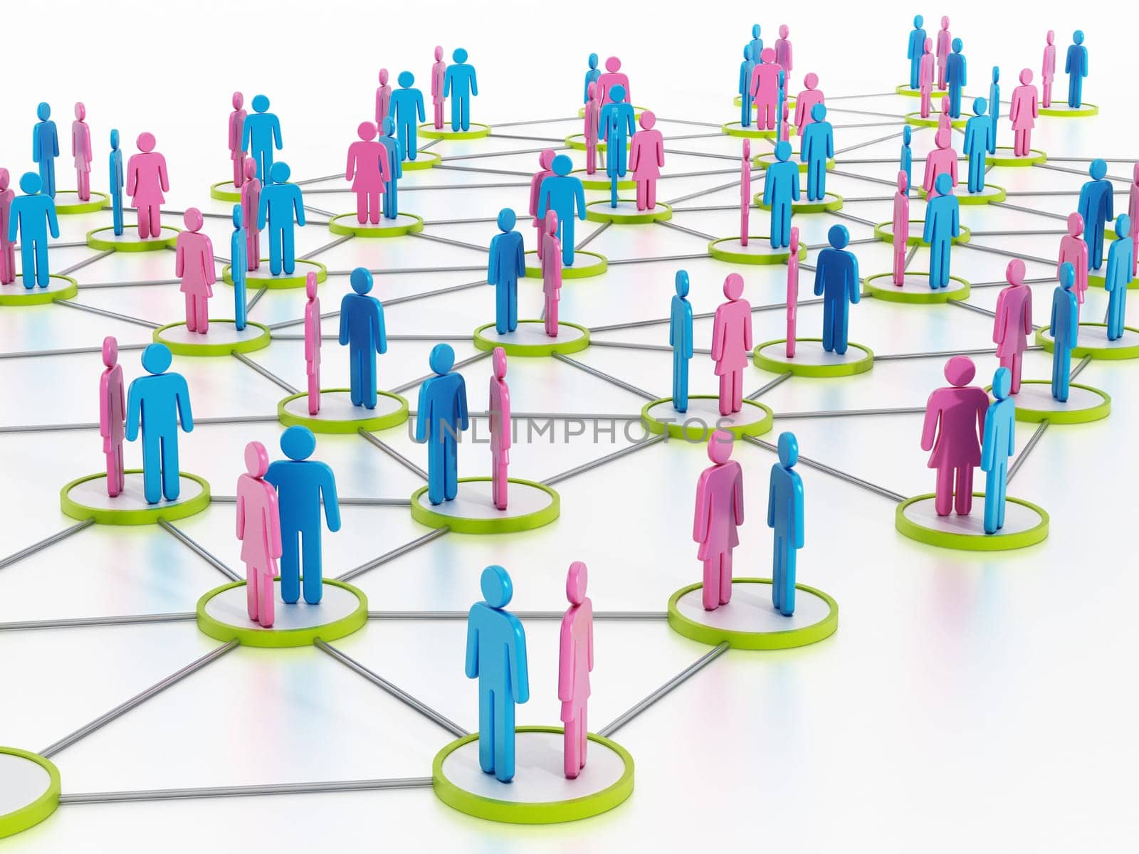 Man and woman silhouettes on green dots connected to each other. 3D illustration.