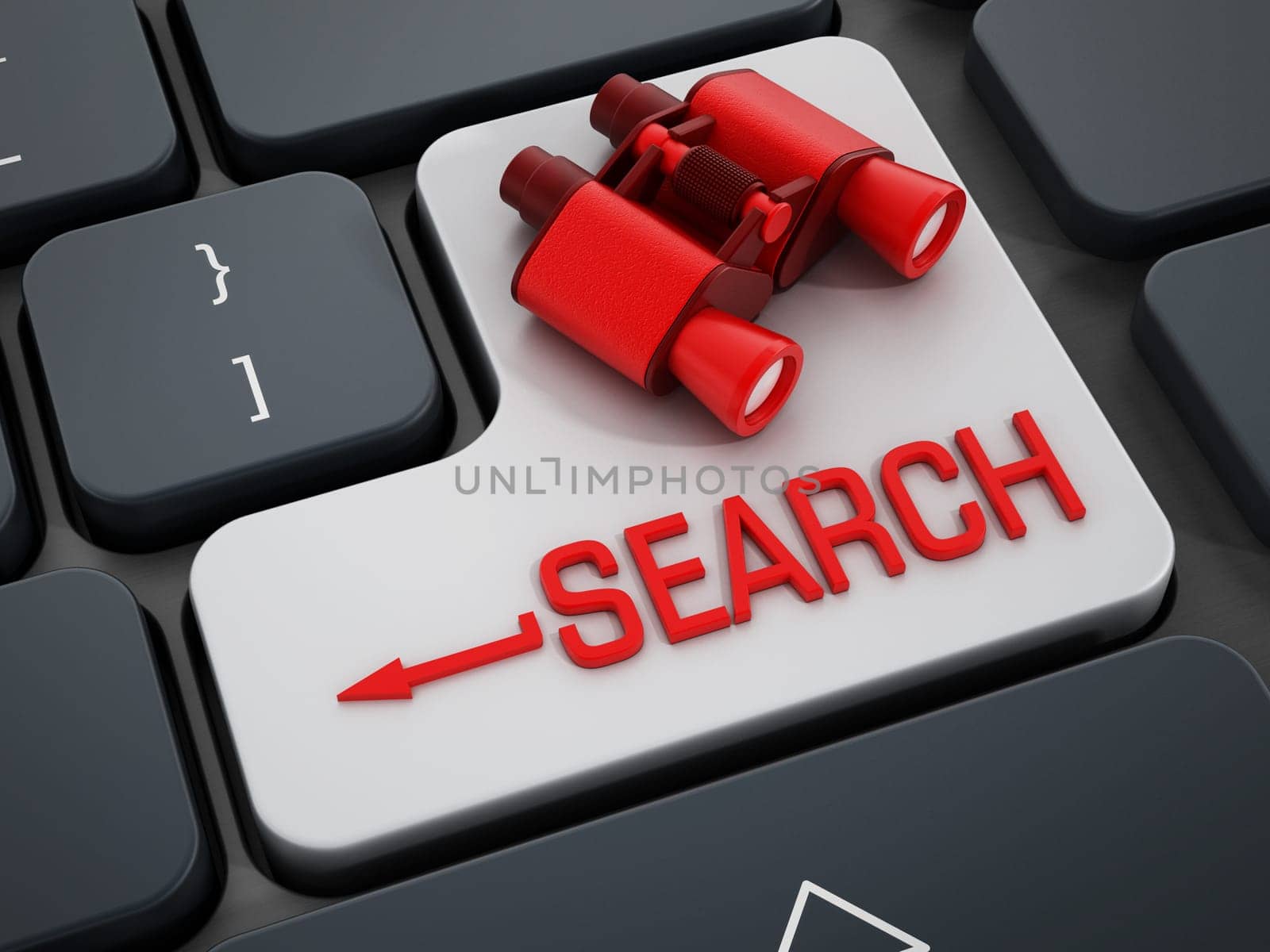 Binoculars standing on F key of a keyboard. 3D illustration.