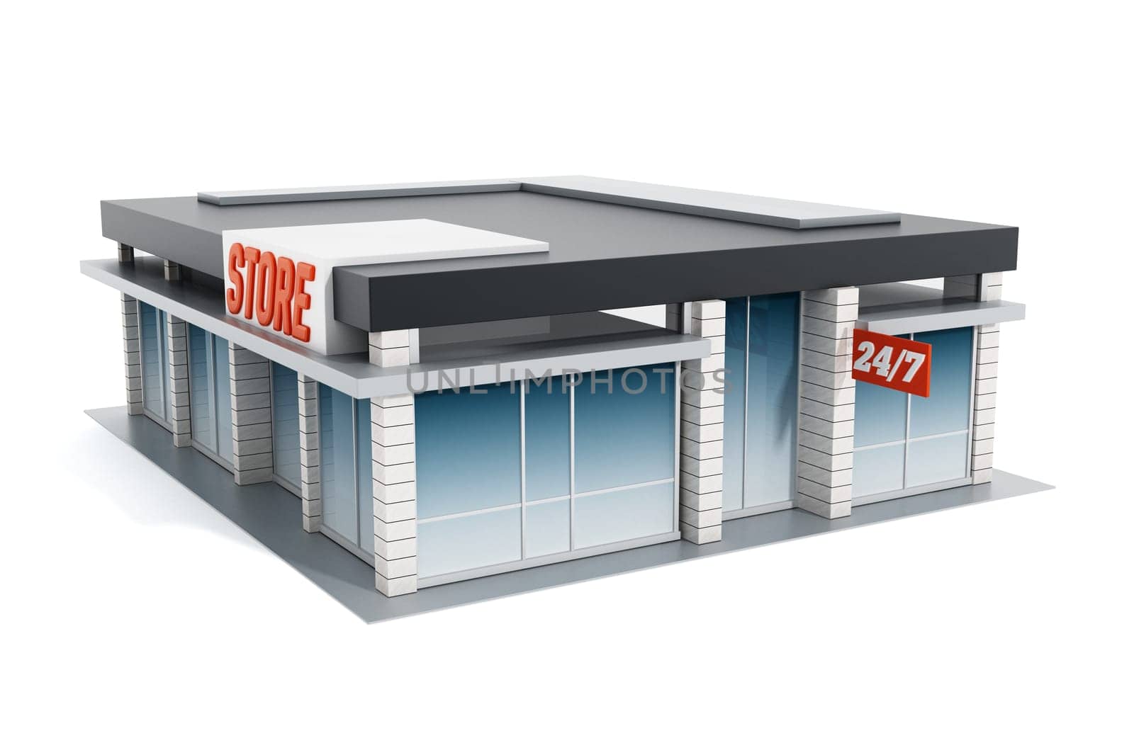 Generic store front isolated on white background. 3D illustration.