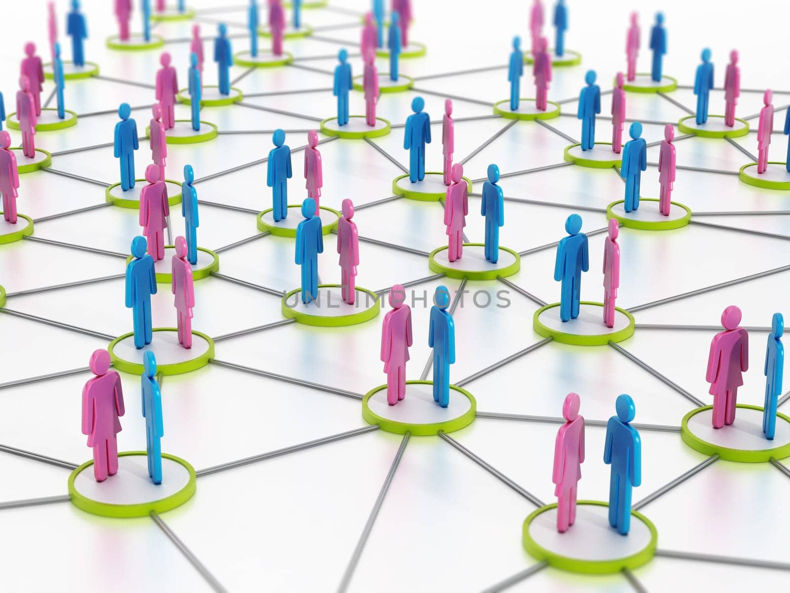 Man and woman silhouettes on green dots connected to each other. 3D illustration.