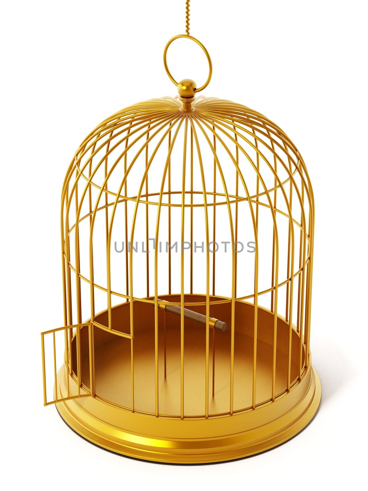 Gold bird cage isolated on white background. 3D illustration.