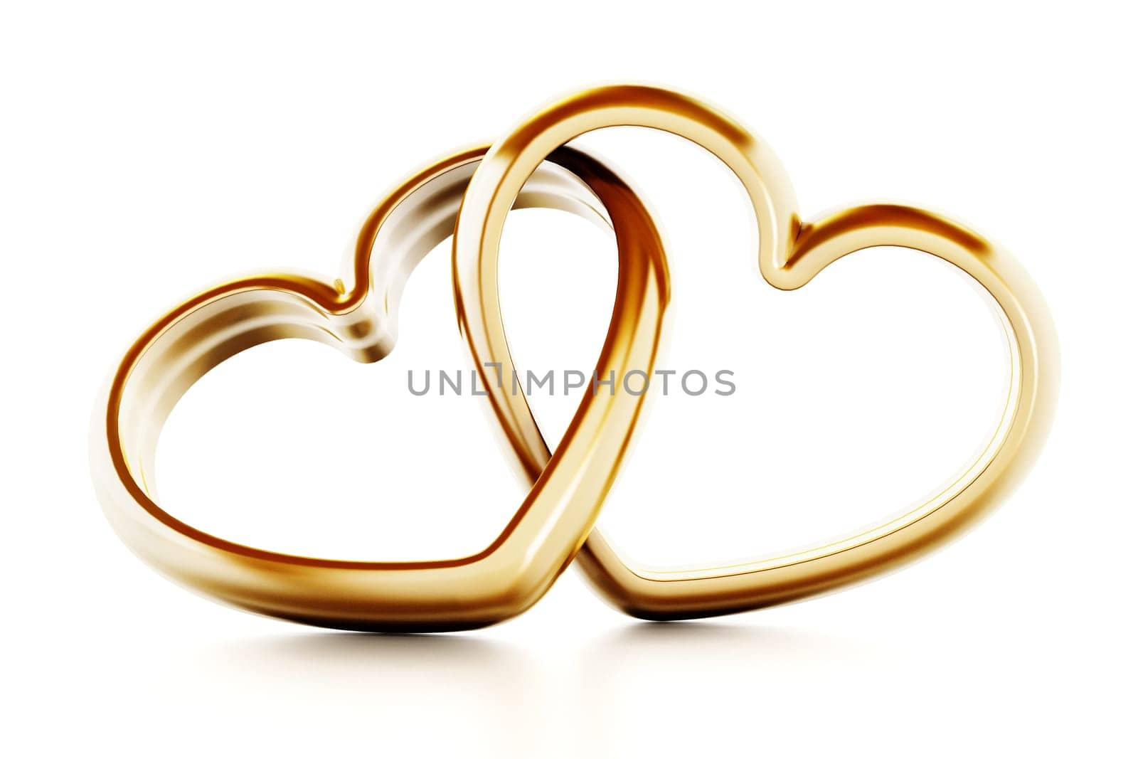Gold heart shaped rings attached to each other. 3D illustration.