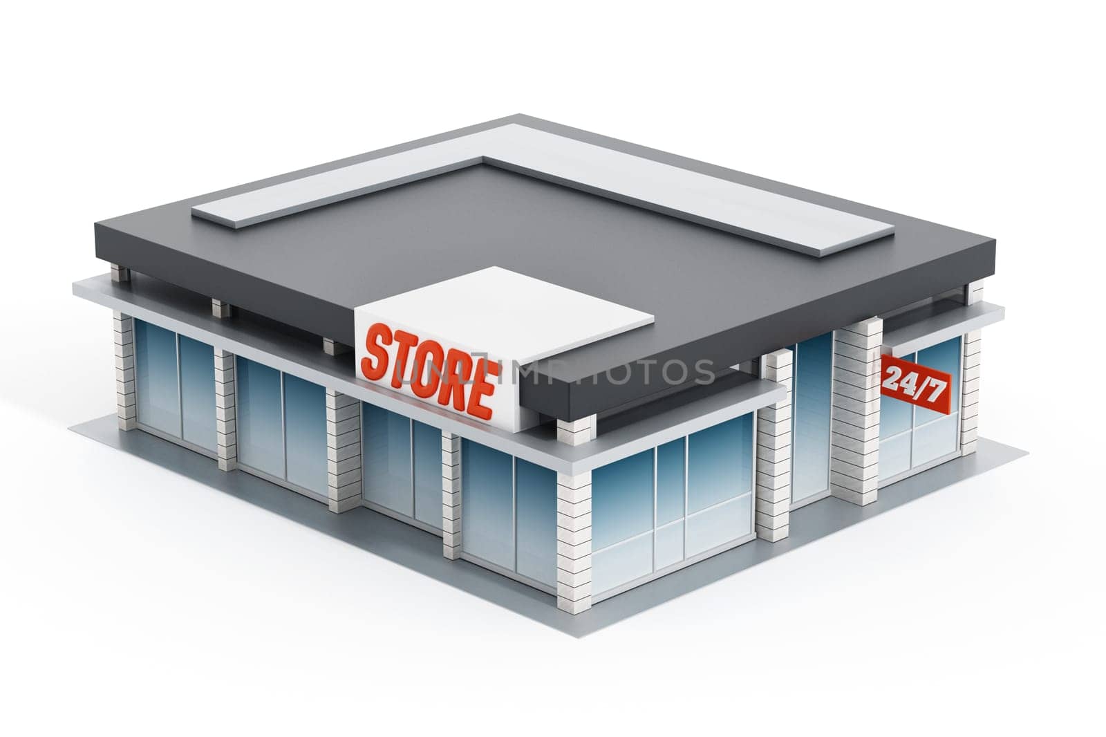 Generic store front isolated on white background. 3D illustration.