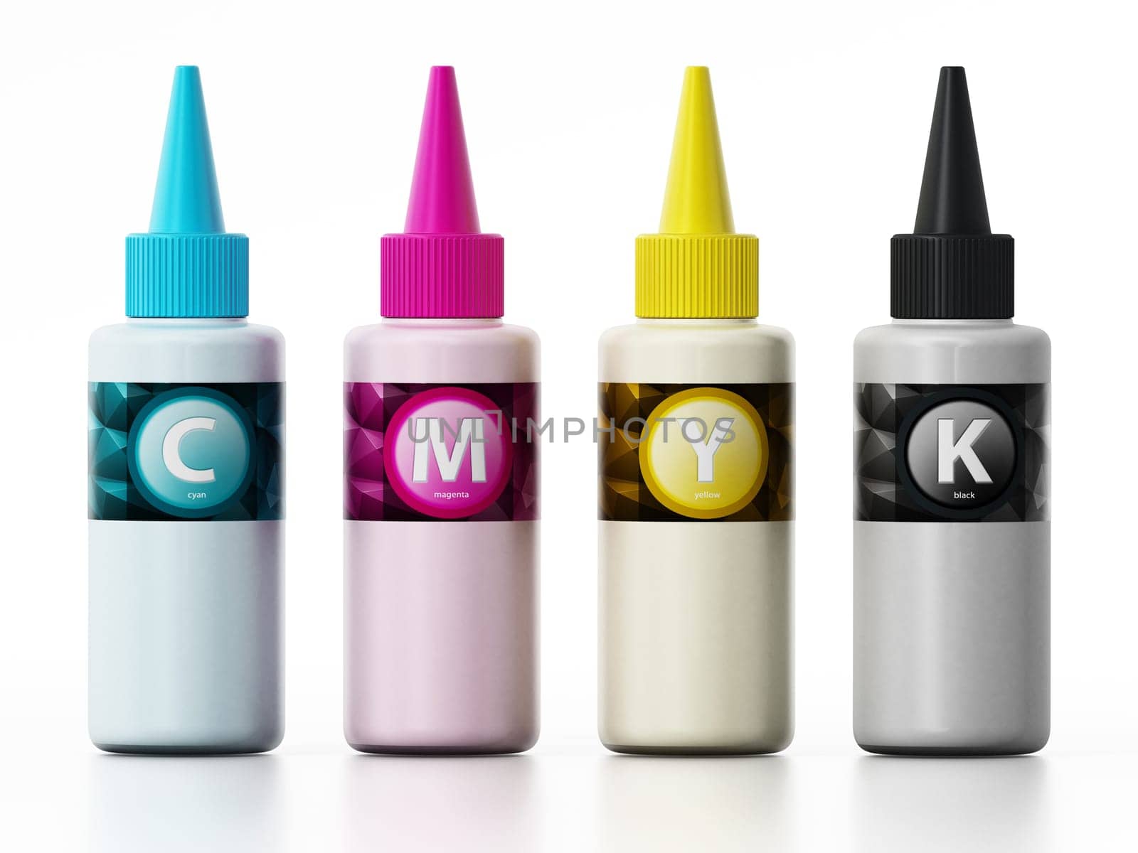 CMYK ink filling bottles isolated on white background. 3D illustration.