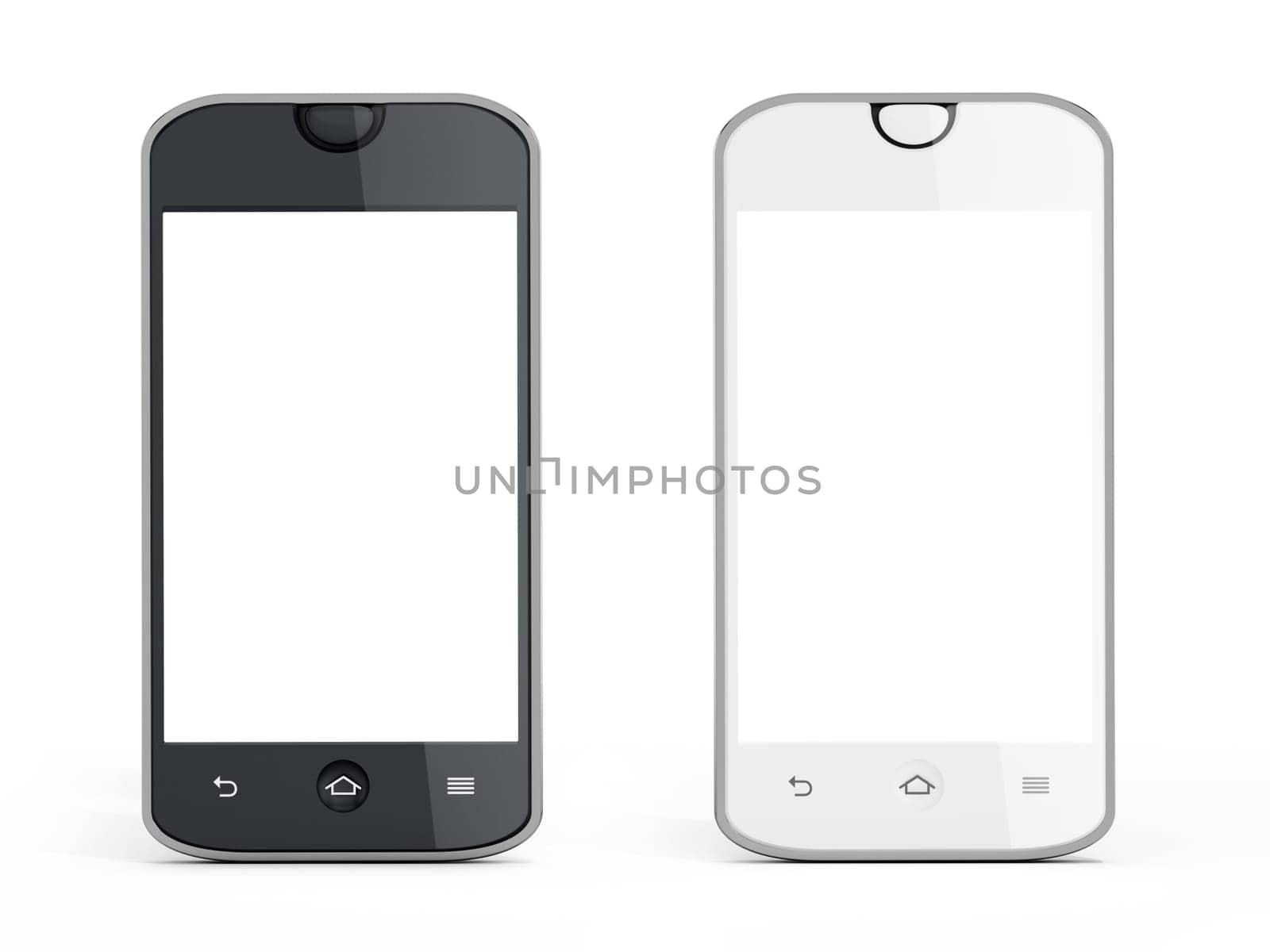 Black and white smartphones with reflection isolated on white background. 3D illustration.